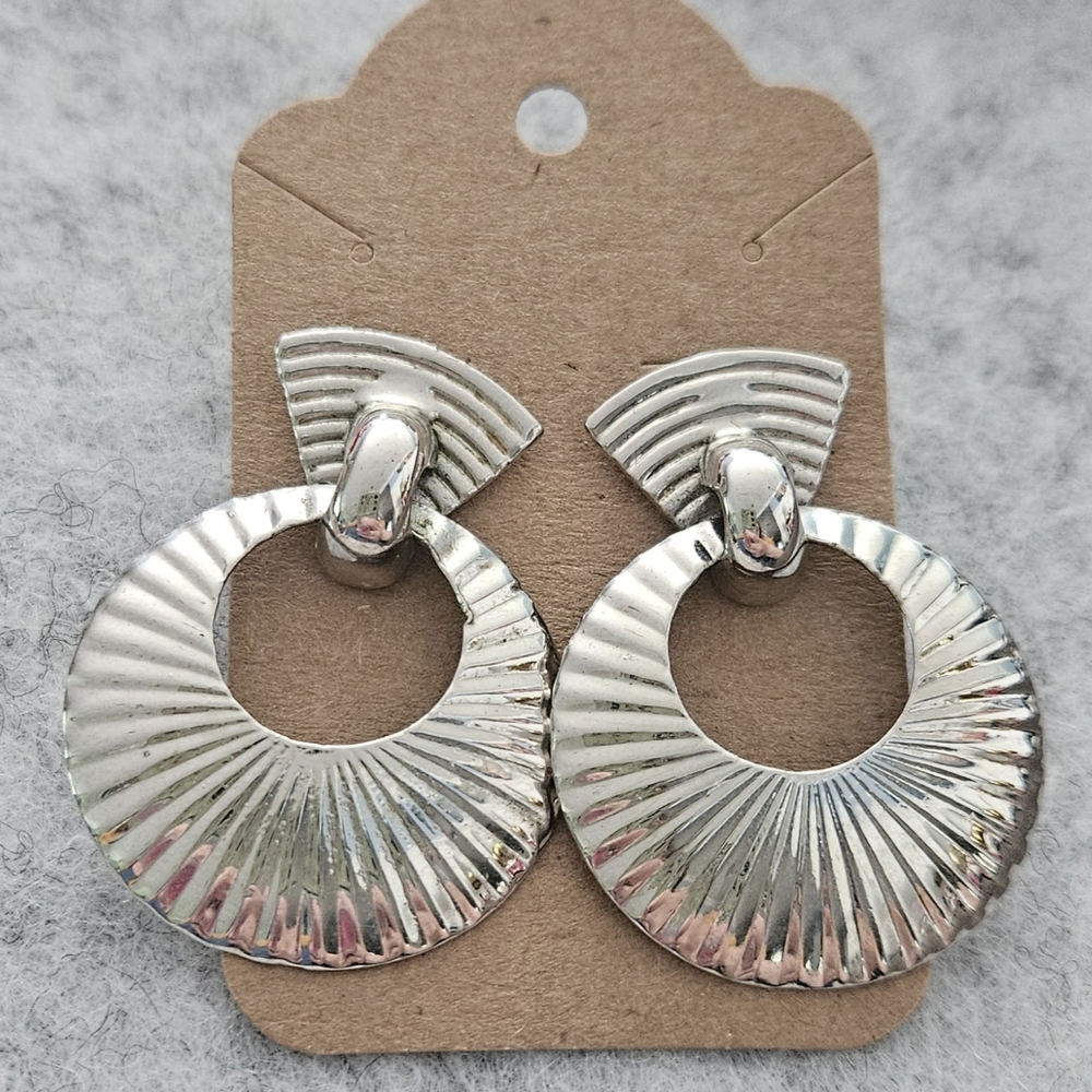 Vintage Silver Tone Geometric Statement Fan‎ Earrings